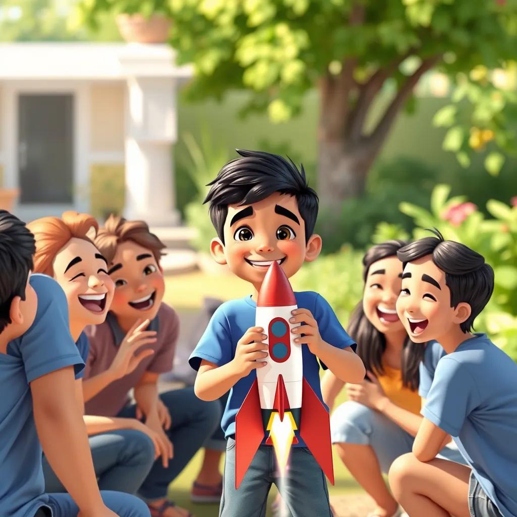 Image of Sami, a young Arab boy with short black hair in a blue t-shirt and jeans, surrounded by friends, all laughing and working together, proudly holding a completed rocket model, outdoor garden setting, sunny day, joyful, cheerful, illustration