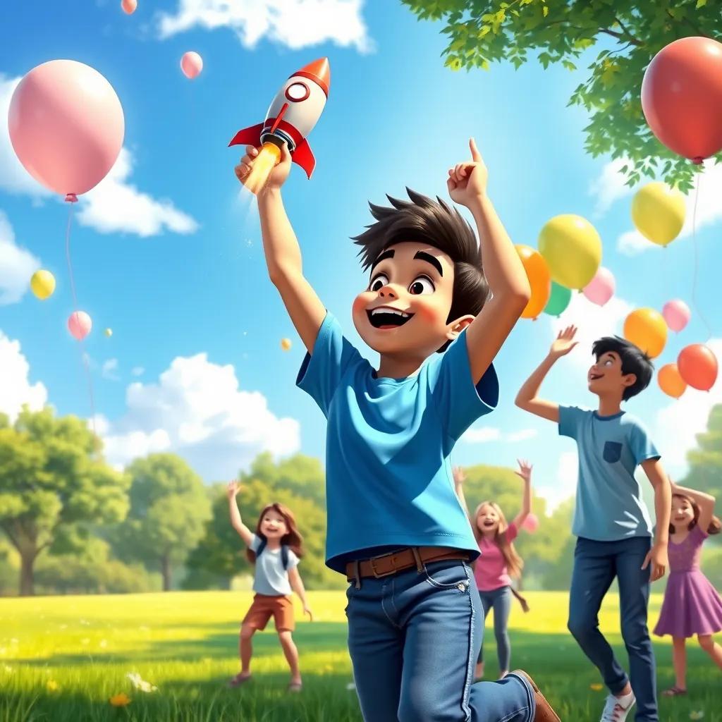 Image of Sami, a young Arab boy with short black hair in a blue t-shirt and jeans, joyfully launching his rocket into the sky, alongside excited friends in a beautiful green park, colorful balloons, sunny, vibrant energy, digital painting, high quality