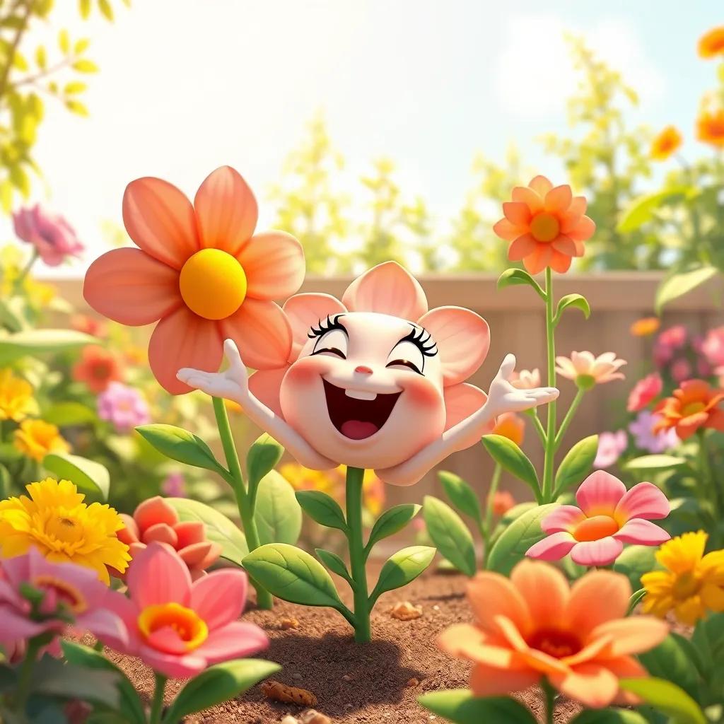 Image of Loli the flower excitedly proposing to her friends to explore plant growth, cheerful garden setting with bright sunlight, colorful plants surrounding them, digital illustration, warm tones, lively energy, high quality