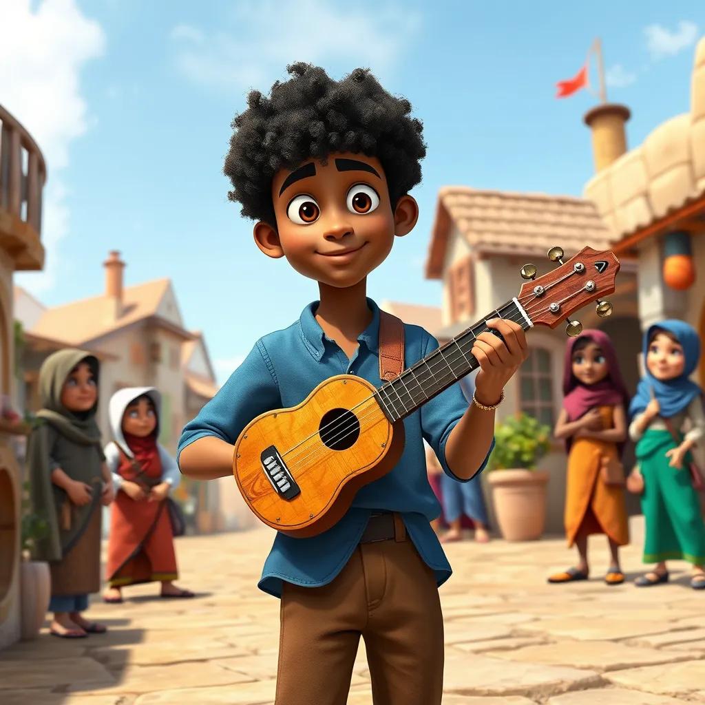 Image of Rami, a young man with brown skin and short curly hair, wearing a blue shirt and brown pants, standing in the village square with a unique musical instrument, curious townsfolk looking on, detailed, charming, welcoming view, colorful