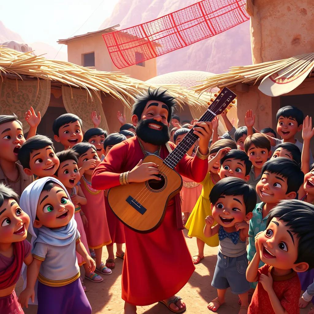 Image of Rami playing a musical instrument, surrounded by excited children in the village, everyone looking happy and cheerful, dancing with joy, vibrant colors, heartwarming scene, bright sunlight, high quality