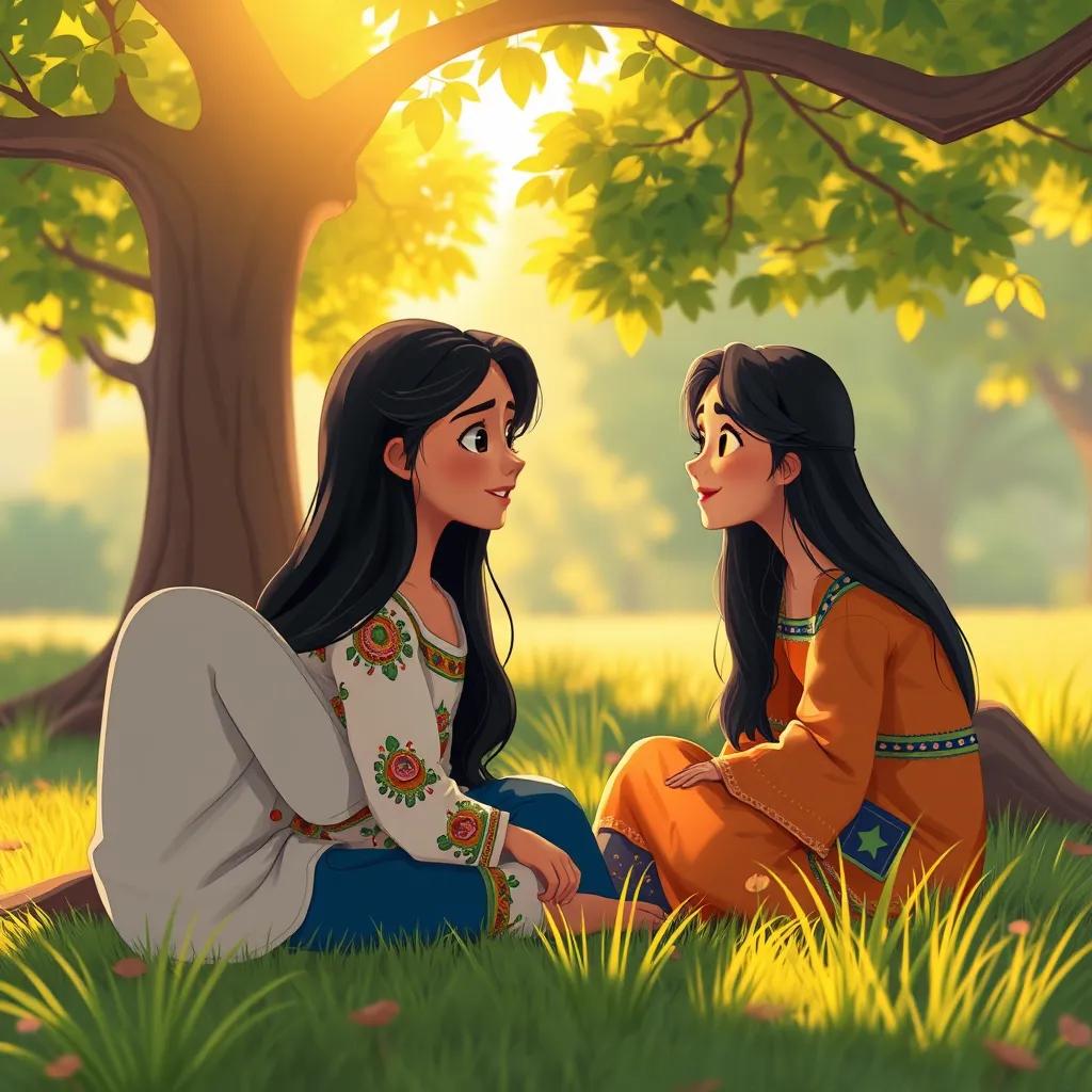 Image of Leila, a young Arab girl with long, black hair in a colorful dress, talking to her friends, sitting under a tree, peaceful setting, illustration, warm light, community vibes, high quality