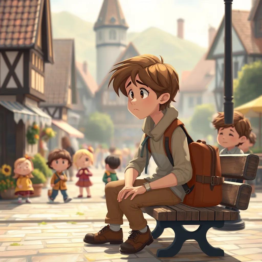 Image of A sad traveler with brown hair, wearing travel clothes, sitting on a bench in the village square, looking lonely, surrounded by children, illustration, soft colors, heartwarming, high quality