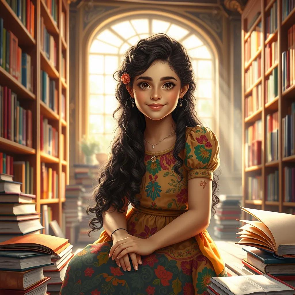 Image of A young Arab girl, Layla, with long, curly hair, wearing a colorful dress, sitting in a library surrounded by science books, bright sunlight streaming in, digital art, cheerful atmosphere, high quality