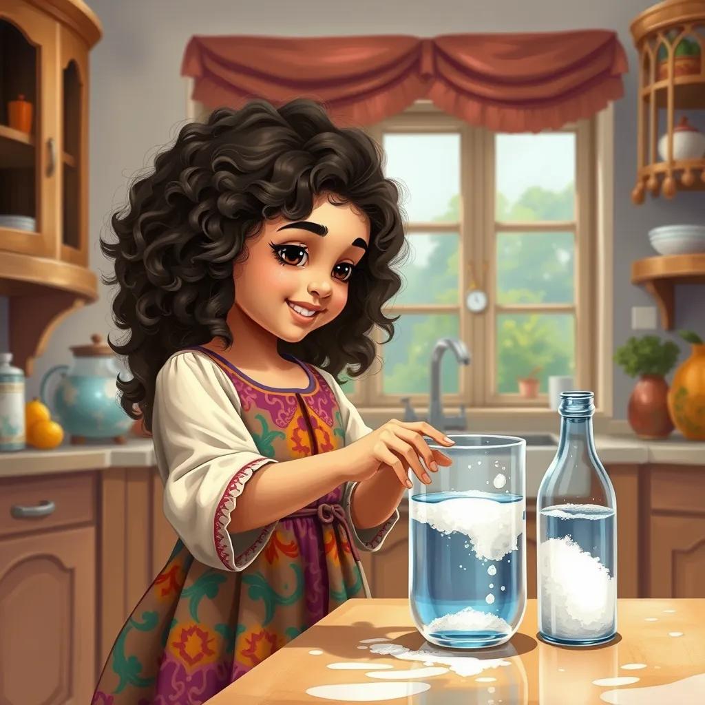 Image of A young Arab girl, Layla, with long, curly hair, wearing a colorful dress, conducting a fun science experiment with water and salt in a bright kitchen, illustration, playful, warm tones, engaging view, high detail