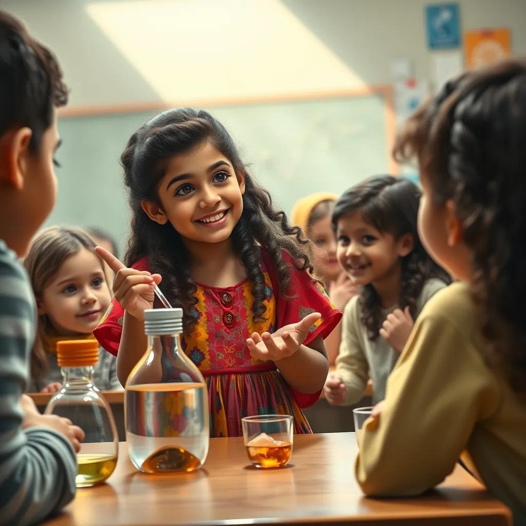 Image of A young Arab girl, Layla, with long, curly hair, wearing a colorful dress, enthusiastically explaining her science experiment to her friends in a classroom, bright environment, animated, friendly atmosphere, high detail