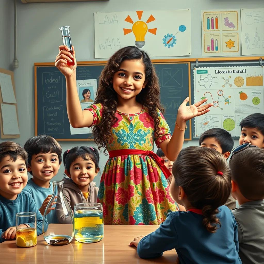 Image of A young Arab girl, Layla, with long, curly hair, wearing a colorful dress, proudly demonstrating her science experiment to a group of excited children, classroom decorated with science charts, vibrant colors, joyful atmosphere, high quality