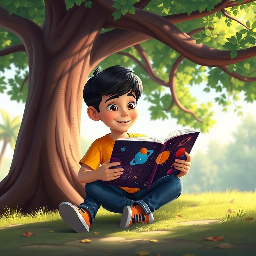 Image of A young boy, Sami, with short dark hair, wearing a bright t-shirt and jeans, sitting under a large tree reading a colorful book about space, digital art, vibrant colors, cheerful atmosphere, high quality