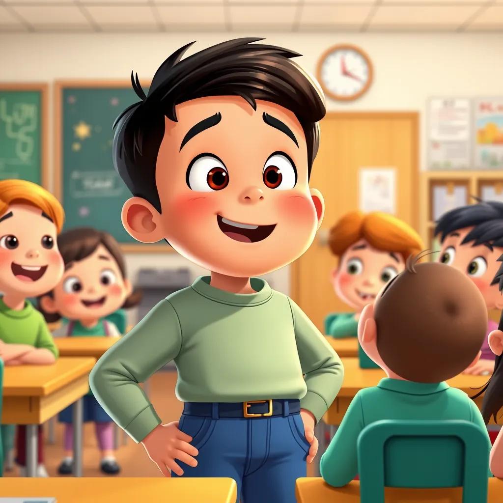 Image of Sami, a young boy with short dark hair, standing in the classroom, excitedly sharing space facts with his curious classmates, who are eagerly listening, cheerful school environment, colorful illustrations