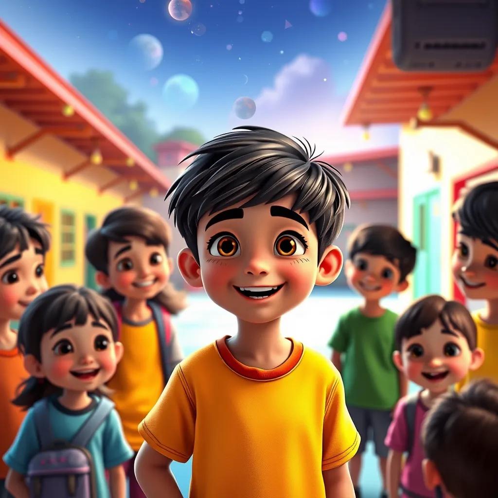 Image of Sami, a young boy with short dark hair in a bright t-shirt, surrounded by friends in a bright schoolyard, smiling as he teaches them about space and knowledge, colorful, inviting atmosphere, heartwarming