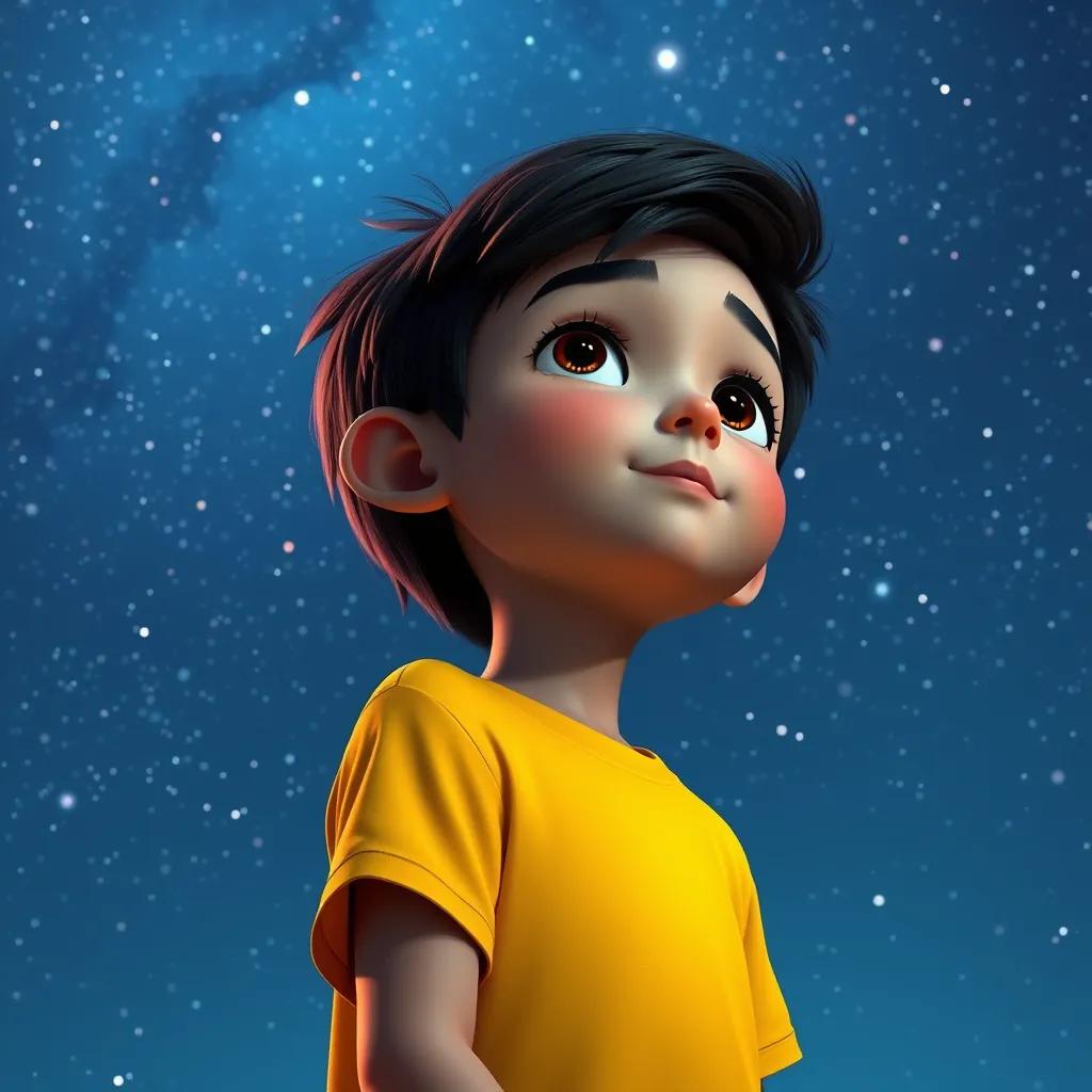 Image of Sami, a young boy with short dark hair in a bright t-shirt, looking up at the night sky filled with stars, dreaming of becoming an astronaut, starlit sky, inspiring mood, rich colors