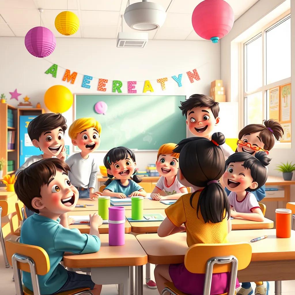 Image of A joyful classroom with students smiling and interacting, colorful decorations around, bright natural light, inviting and cheerful atmosphere, digital art, vibrant colors, high quality, heartwarming scene