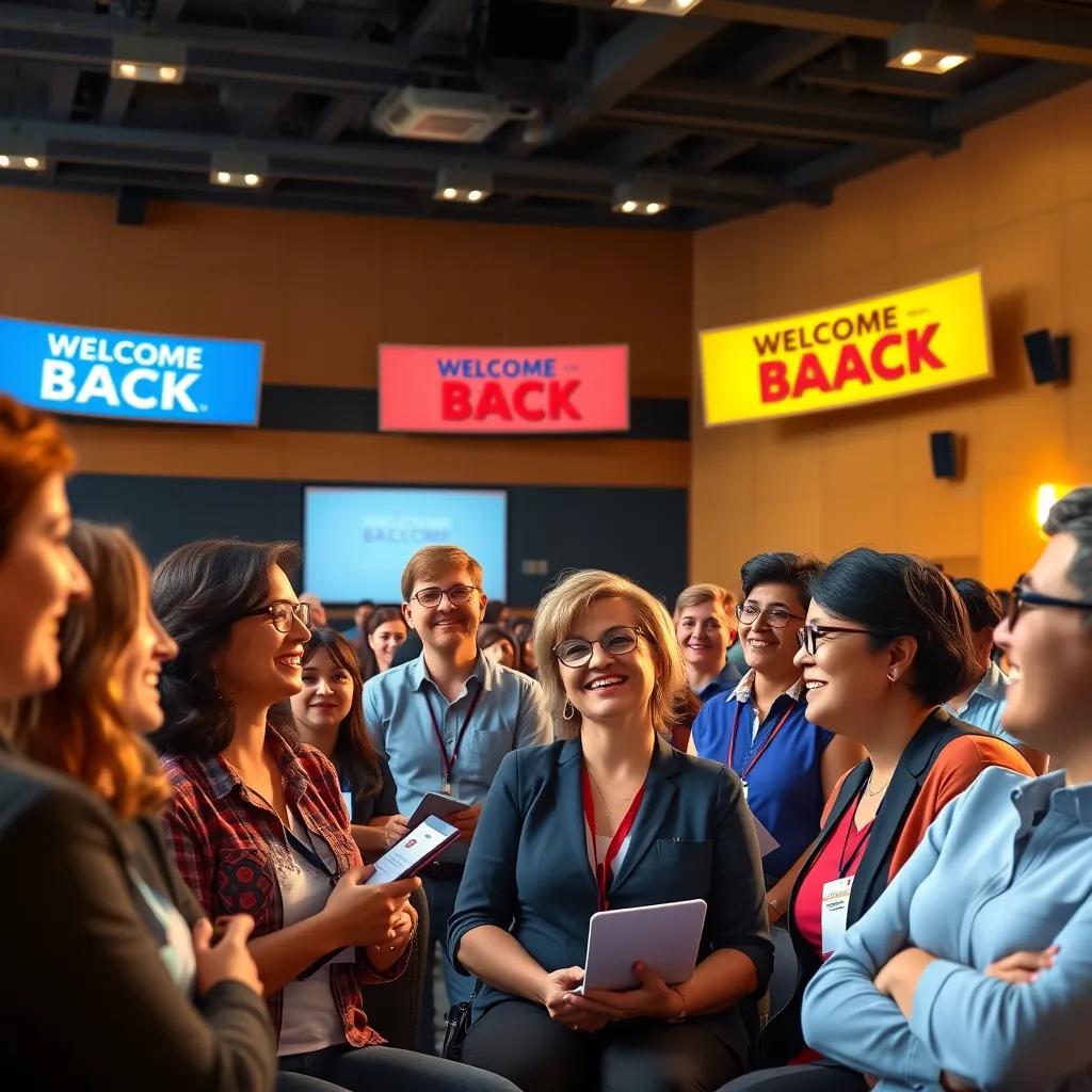 Image of Teachers gathered in a large auditorium, discussing ideas and smiling, bright lights, colorful banners with 'Welcome Back' signs, digital art, detailed, warm lighting, collaborative scene