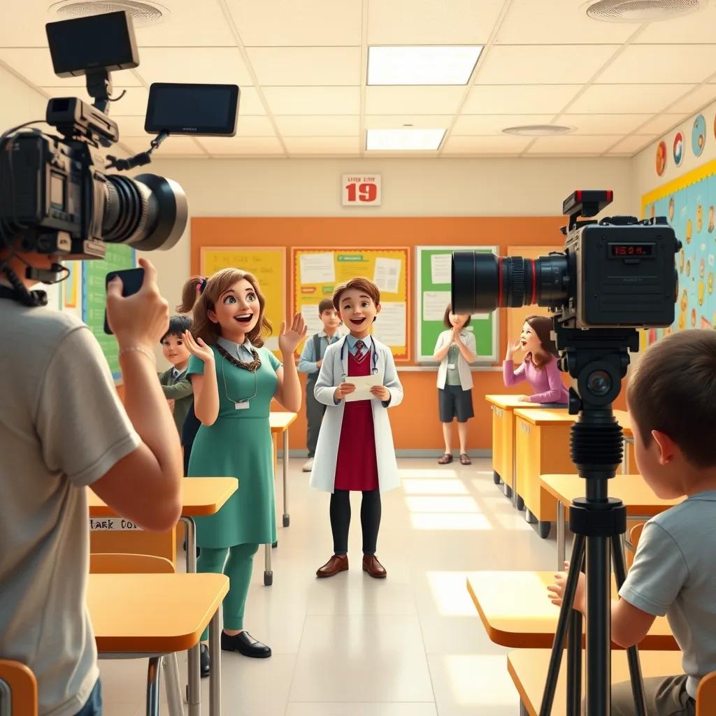 Image of Filming scenes with teachers welcoming students, excitement in the air, bright classroom with educational posters, cheerful atmosphere, digital art, colorful, lively, interactive