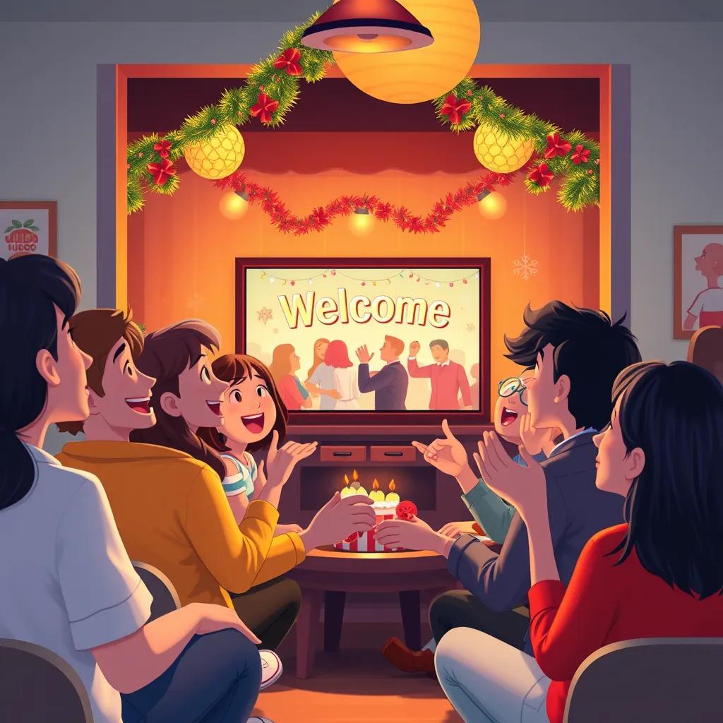 Image of A cozy celebration event, showing students and teachers watching the welcome video together, excited expressions, festive decorations, digital art, warm and inviting colors, capturing joy