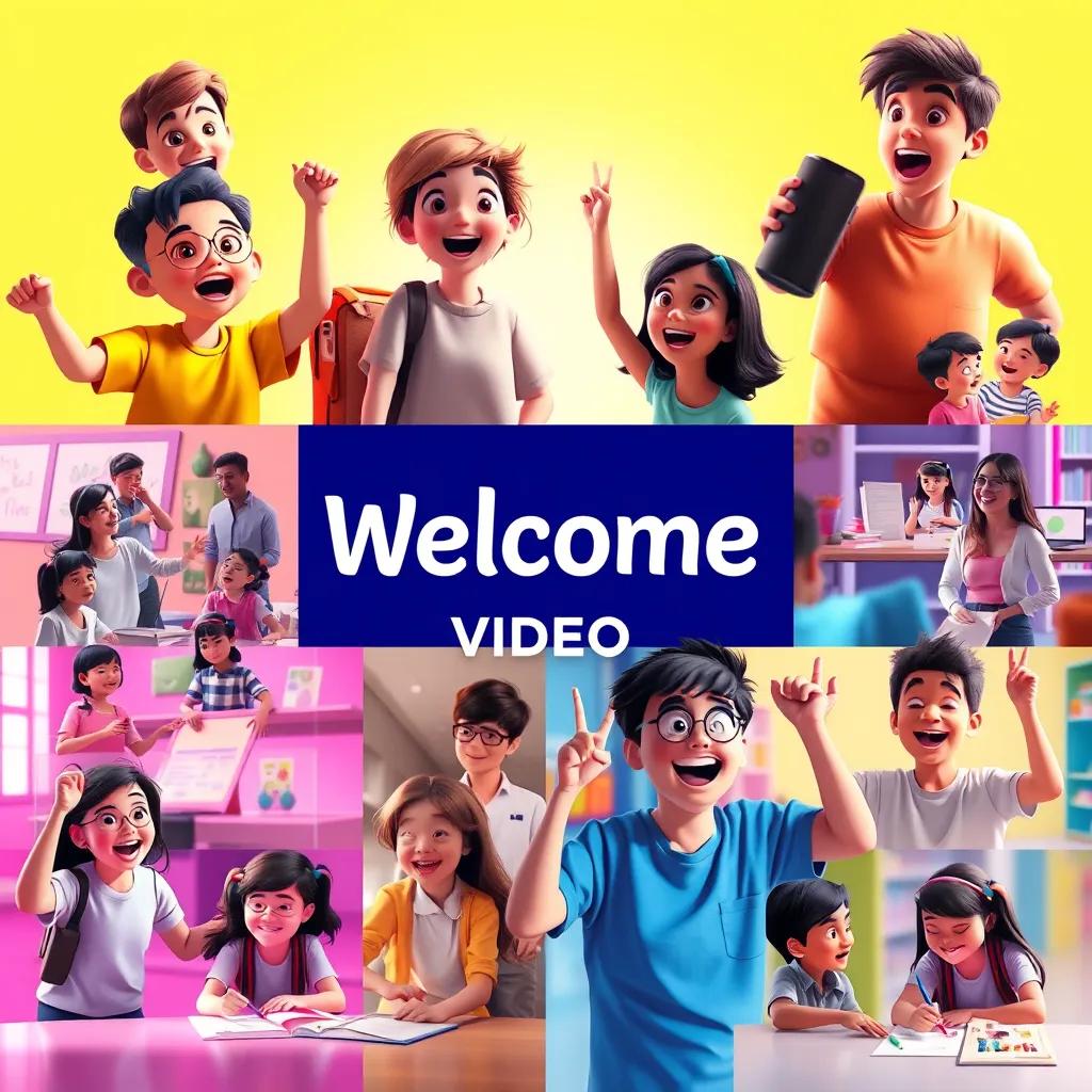 Image of A montage of fun moments from the welcome video, happy students engaging in activities, lively energy, bright backgrounds, digital art, vibrant and engaging, storytelling imagery