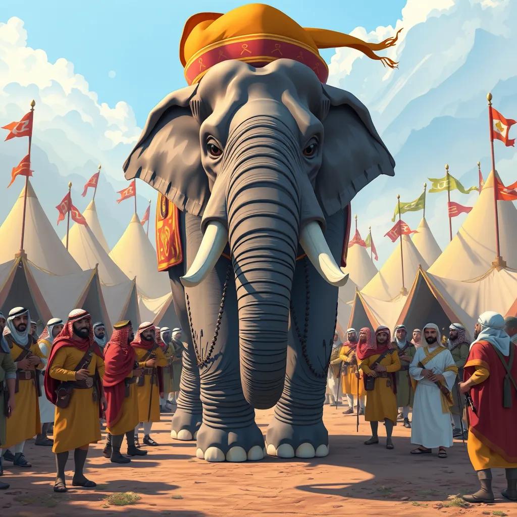 Image of A giant elephant being prepared by soldiers in a vibrant camp, with tents and flags, Middle-Eastern soldiers wearing traditional attire, detailed illustration, lively colors, strong and impressive scene, high quality