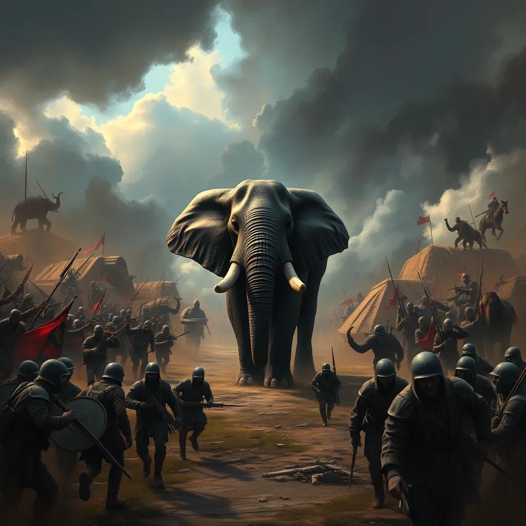 Image of An elephant standing still, surrounded by chaos and soldiers running away, the scene is dramatic with dark clouds and a sense of fear, detailed painting, striking colors, high quality