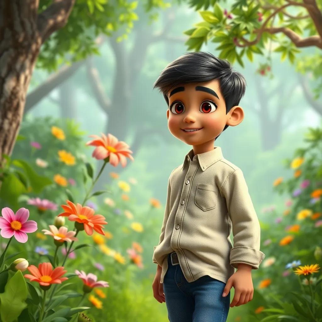 Image of A young Arab boy, Hassan, with short dark hair, wearing a simple light shirt and jeans, exploring a beautiful green forest with colorful flowers, digital art, lush greenery, bright colors, cheerful atmosphere, high quality