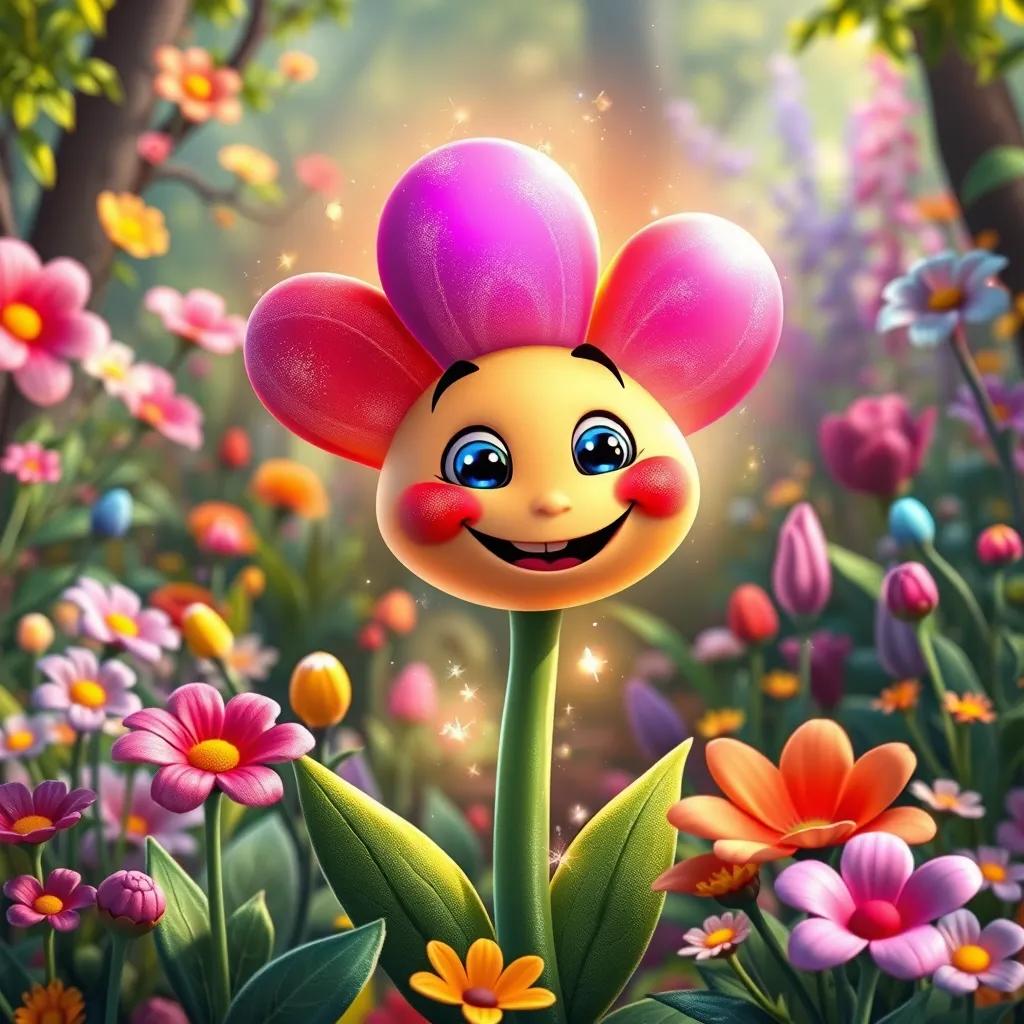 Image of The colorful flower smiling at Hassan, with sparkles around it and a magical aura, in a vibrant forest filled with various beautiful plants, whimsical, bright, enchanting view, high quality