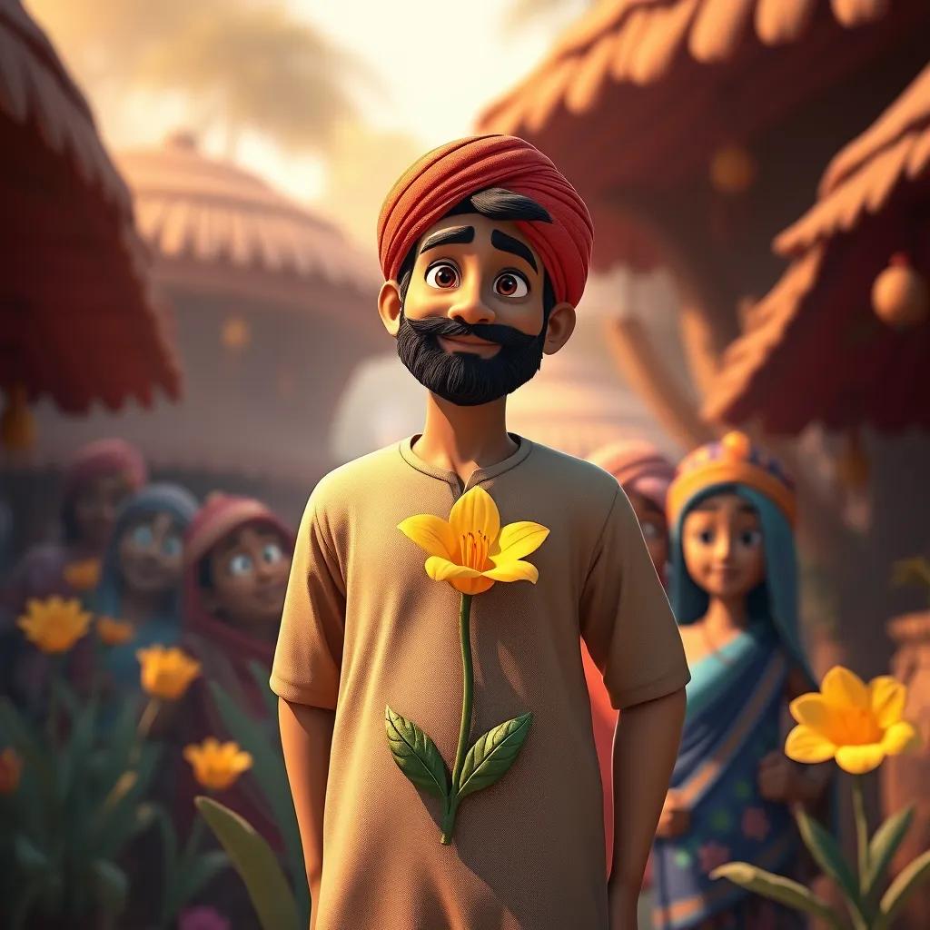 Image of Hassan standing proudly with the flower in the background, him and the vibrant villagers, a symbol of friendship and creativity, warm glow, whimsical dream view, high quality