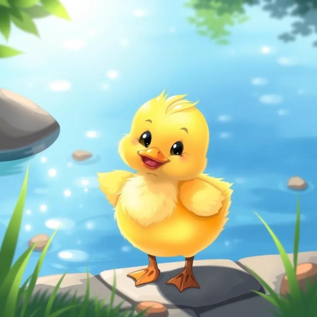 Image of A cute little duck named Fufu, with fluffy yellow feathers, standing by a shimmering pond, looking wistful, sunny day, digital art, cheerful atmosphere, bright colors, high quality