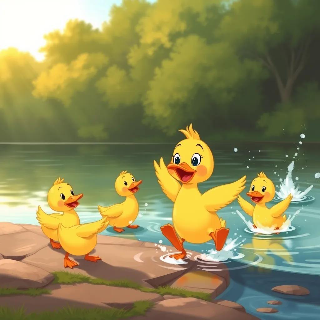 Image of Fufu, the little duck, happily playing tag with her friends by the pond, other ducks are happily splashing around, playful expressions, vibrant scene, digital illustration, warm colors, high quality