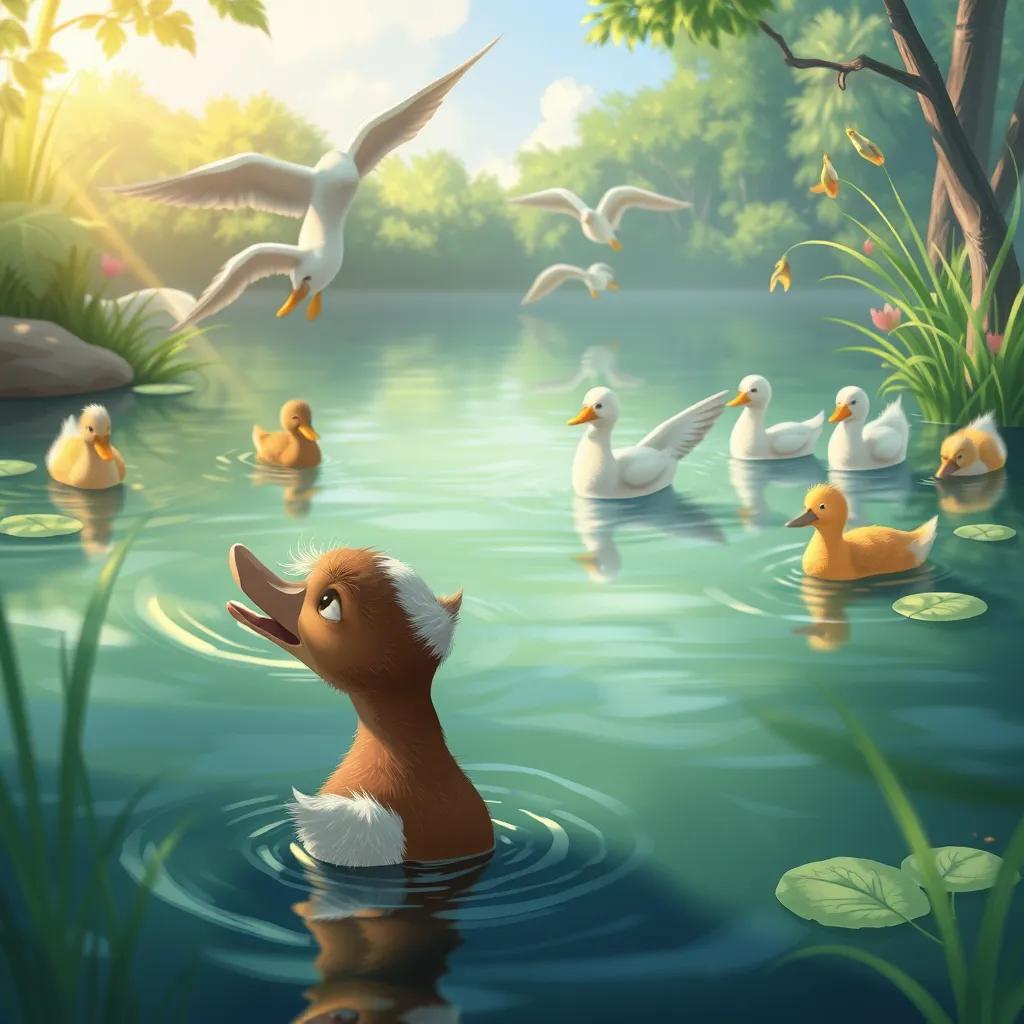 Image of Fufu watching other ducks swim swiftly, her expression a mix of longing and fear, beautiful pond scenery, lush greenery, warm light, digital art, emotional, high quality