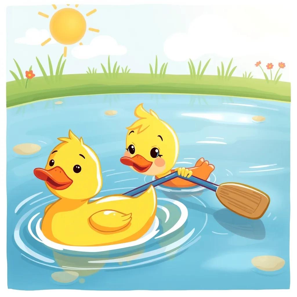 Image of Fufu, a little duck, nervously trying to swim with her friend Soso, paddling beside her, friendly smiles, sunny pond, encouraging atmosphere, digital illustration, heartwarming, high quality