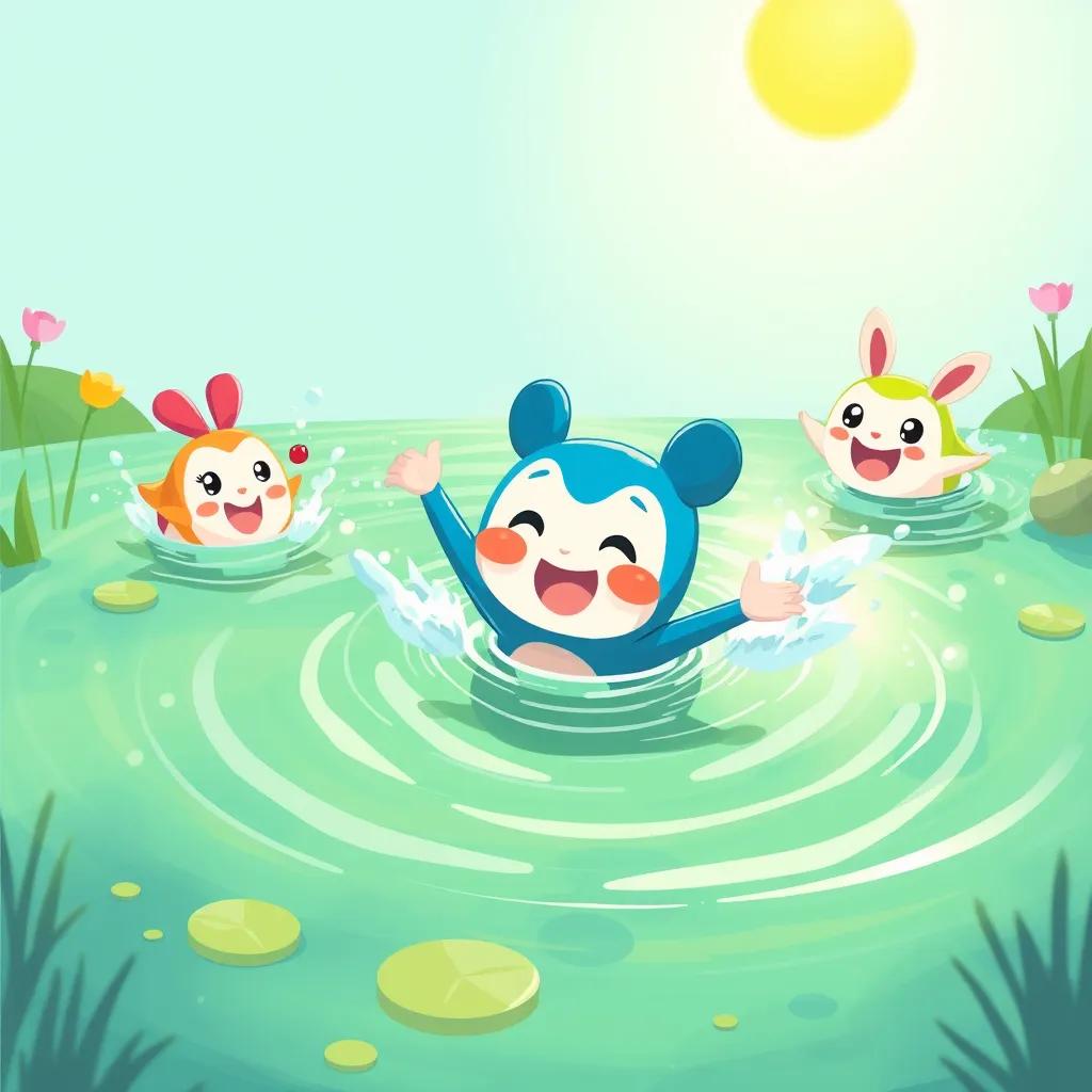 Image of Fufu successfully swimming in the pond, surrounded by her cheering friends, bright sun overhead, water splashes, joyful scene, colorful, digital art, uplifting, high quality