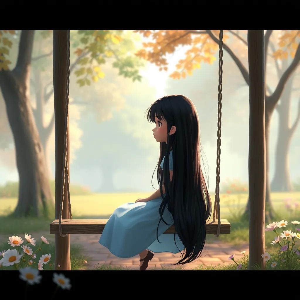 Image of A shy girl, Leila, with long black hair, wearing a light blue dress, sitting on a swing in a quiet park, surrounded by flowers and trees, digital art, soft colors, peaceful atmosphere, high quality