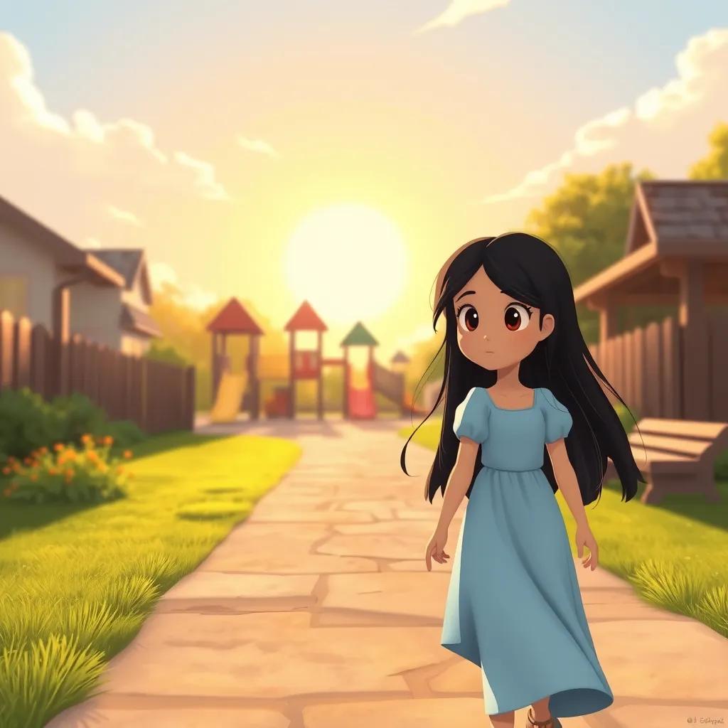 Image of Leila, a shy girl, with long black hair, in a light blue dress, walking towards a playground with determination, the sun shining brightly, cheerful ambiance, illustration, warm colors, inviting lighting, high quality