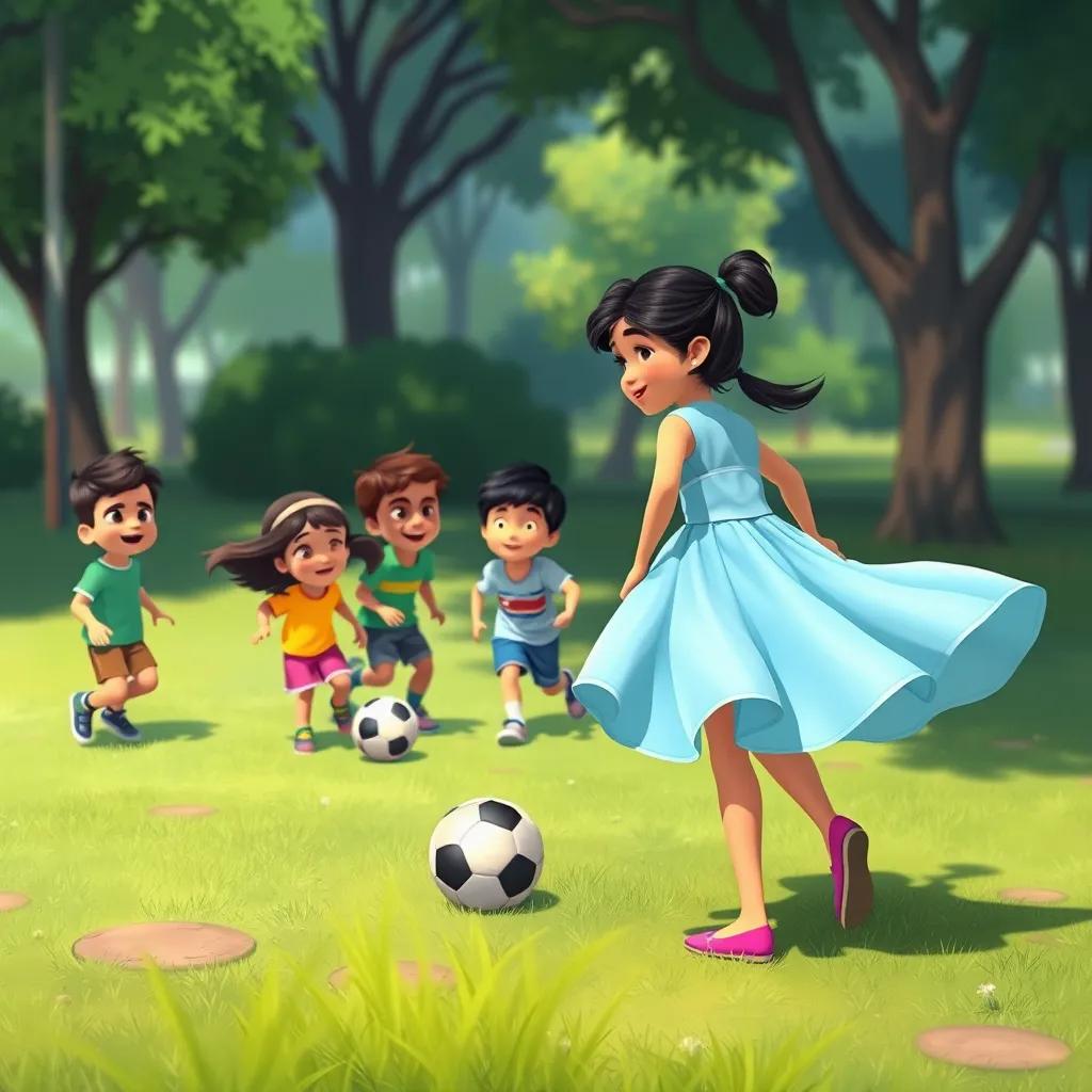 Image of A group of children playing soccer in a park, with Leila watching them from the side, her light blue dress fluttering in the breeze, vibrant colors, lively scene, digital painting, joyful, engaging, high quality