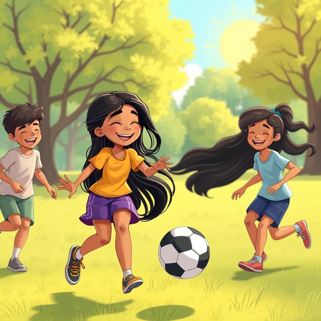 Image of Leila playing soccer with her friends in the park, laughing and smiling, her long black hair flowing, bright sun in the background, fun atmosphere, colorful, illustration, heartwarming, high quality