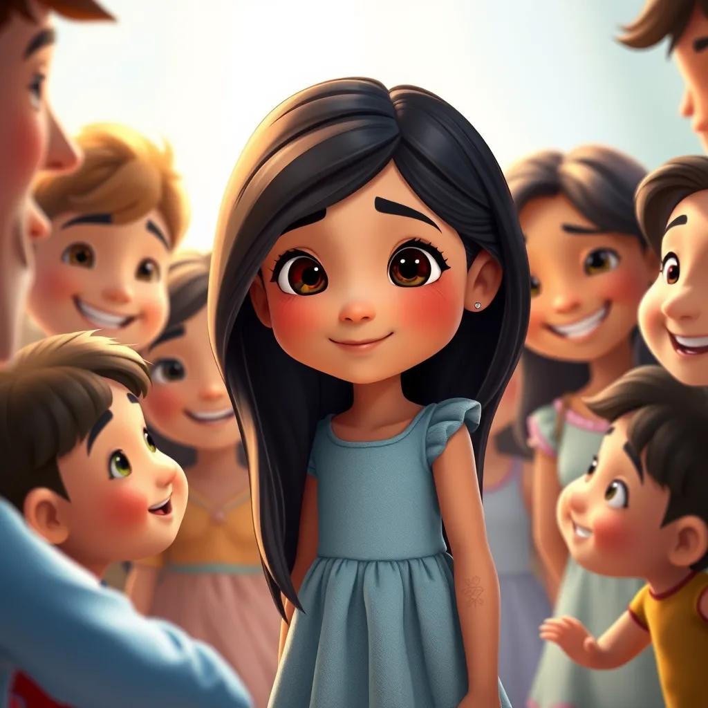 Image of Leila, a shy girl, with long black hair in a light blue dress, surrounded by friends who are smiling and inviting her to play, warm light, friendly environment, heartwarming, digital art, uplifting, high quality