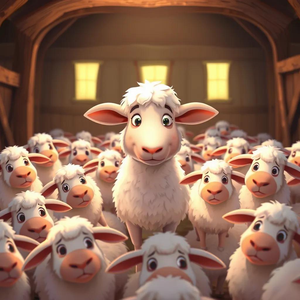 Image of Tarek the sheep gathering his flock, a white sheep with a determined look, surrounded by various sheep with different expressions, in a cozy barn setting, cheerful illustration, warm colors, encouraging atmosphere, friendly.