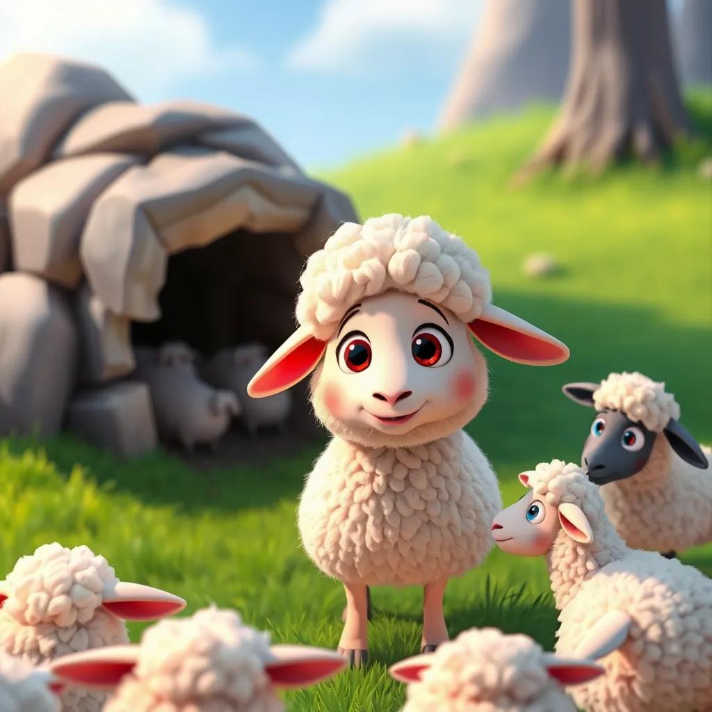 Image of Neama the smart sheep, a fluffy sheep with big eyes, suggesting a cave with excitement, with other sheep listening attentively in a green grassy area, colorful, inviting illustration, bright colors, engaging view, uplifting imagery.