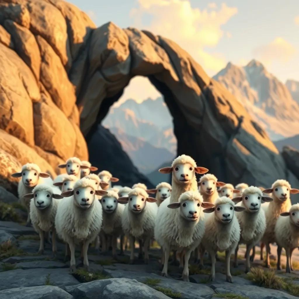 Image of The flock reaching a cave on a mountain, the sheep looking relieved and safe, with a dark cave opening and mountains in the background, soft light, realistic style, harmonious atmosphere, warm tones, picturesque.