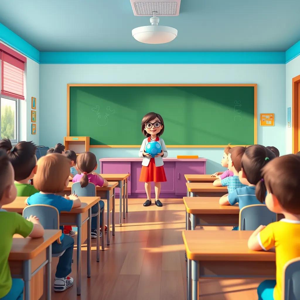 Image of A classroom scene with children sitting at desks, the teacher standing at the front holding a blue ball, bright and colorful, cheerful atmosphere, digital art, educational, vibrant colors, high quality