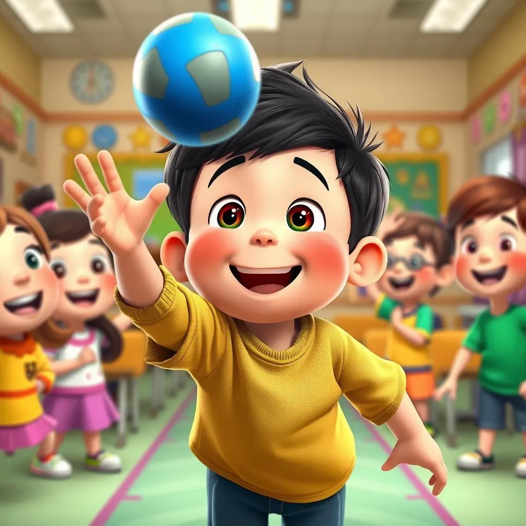 Image of A child catching a blue ball in a classroom, surrounded by other children looking excited, school setting with colorful decorations, happy expression, vibrant colors, child-friendly style, high quality