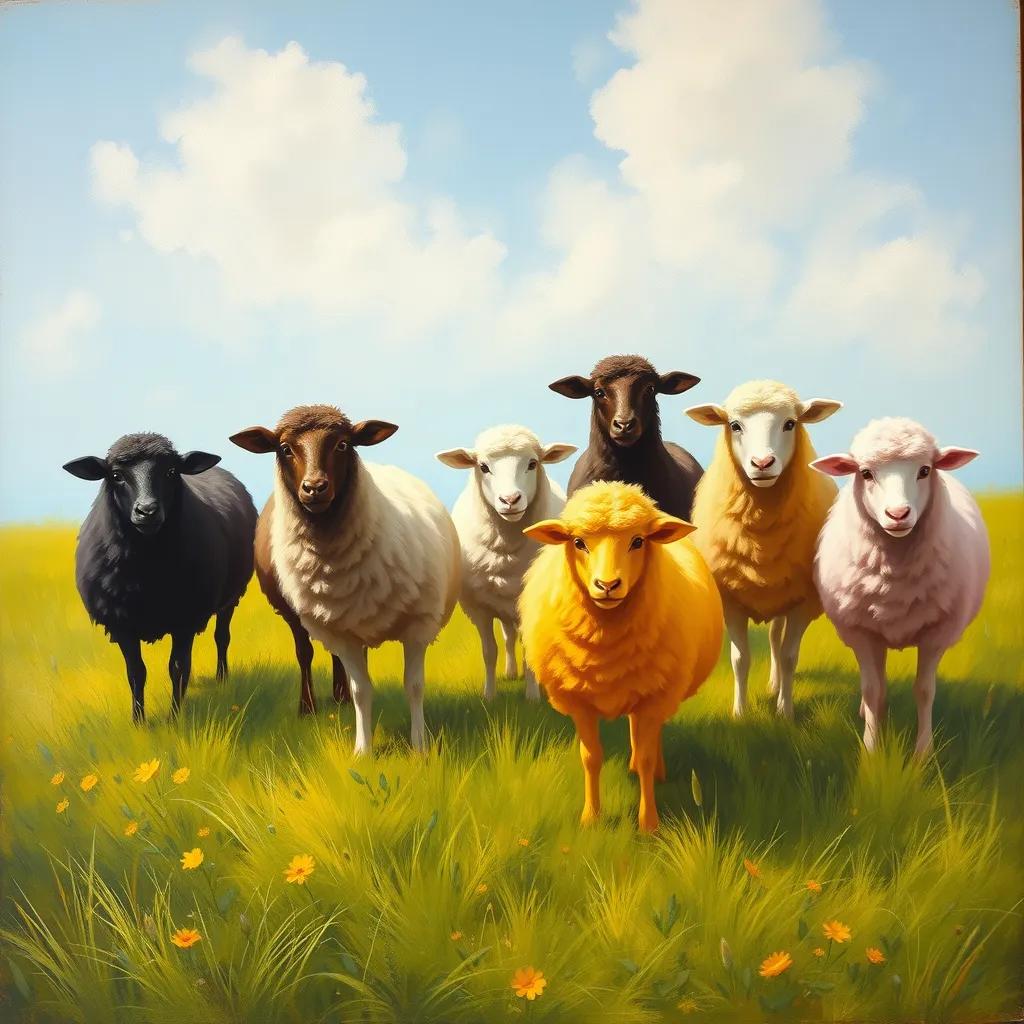 Image of A beautiful meadow with seven sheep of different colors: white, black, brown, gray, yellow, orange, and pink, sunny day, vibrant green grass, cheerful scene