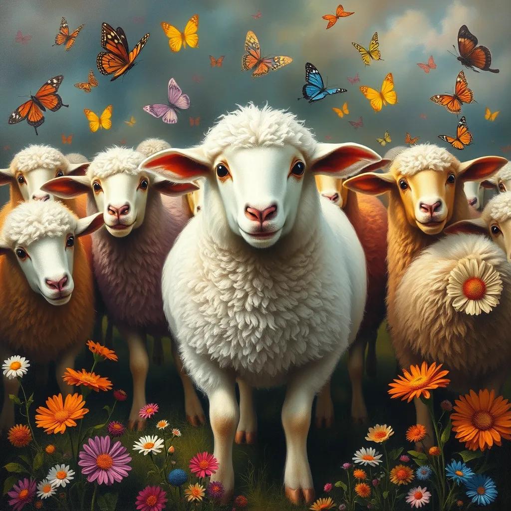 Image of A brave white sheep named Fofo at the center, leading the colorful herd, smiling, surrounded by flowers and butterflies, joyful atmosphere