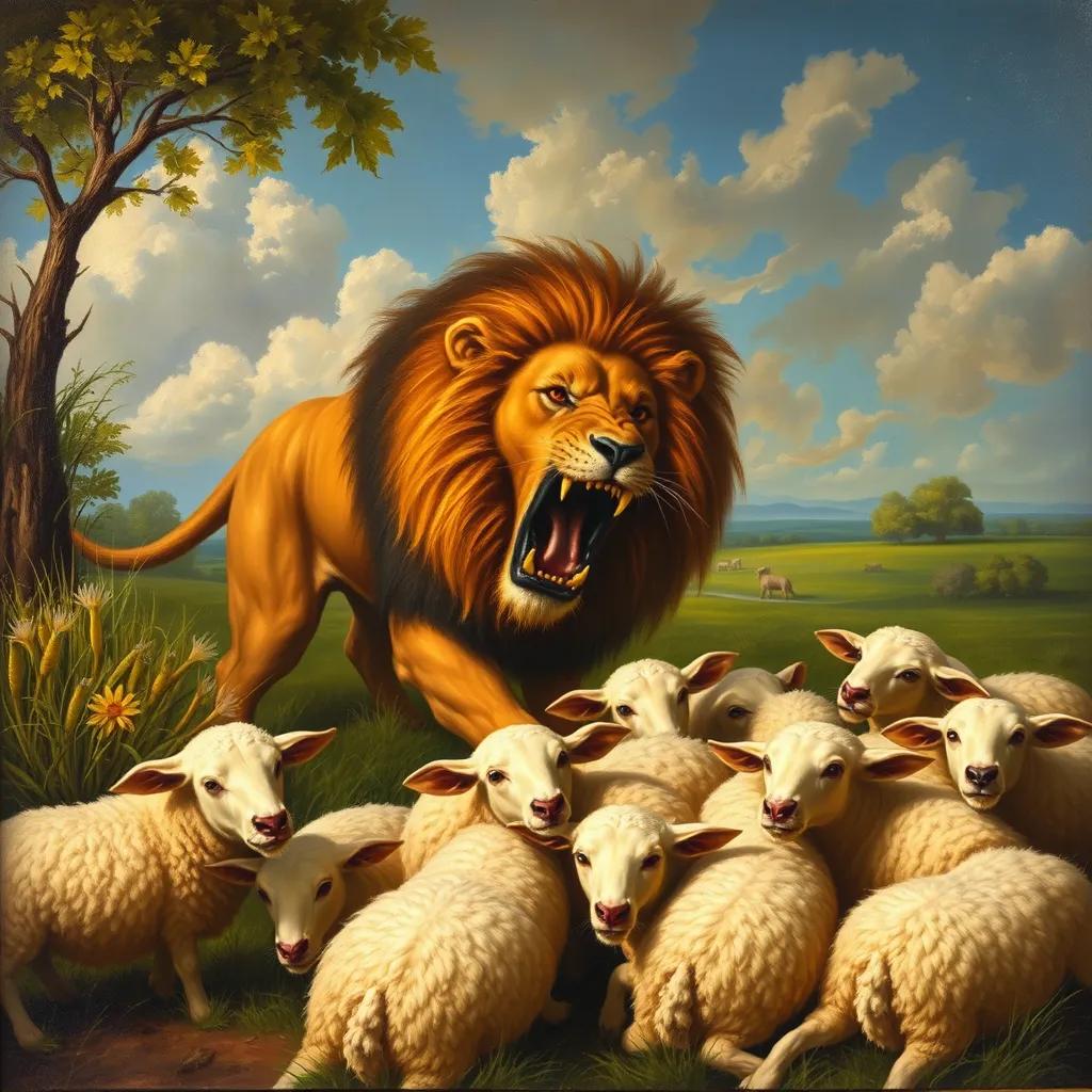 Image of A roaring lion lurking near the meadow, frightened sheep huddled together, vivid colors, dramatic expression, the lion's fierce look contrasting with the sheep's fear