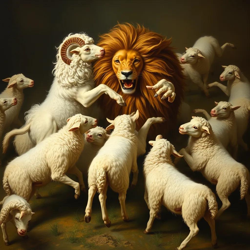 Image of Fofo the white sheep rallying the other sheep, forming a circle around the lion, sheep jumping and making noise, energetic and dynamic setting