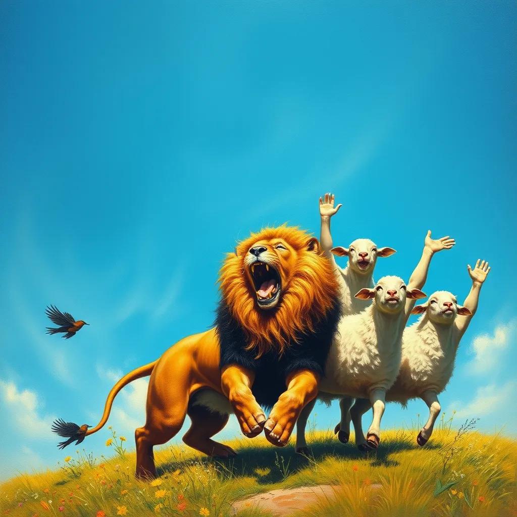 Image of The lion running away in fear, the seven sheep cheering and celebrating their teamwork, bright blue sky, sense of accomplishment and joy, colorful and uplifting