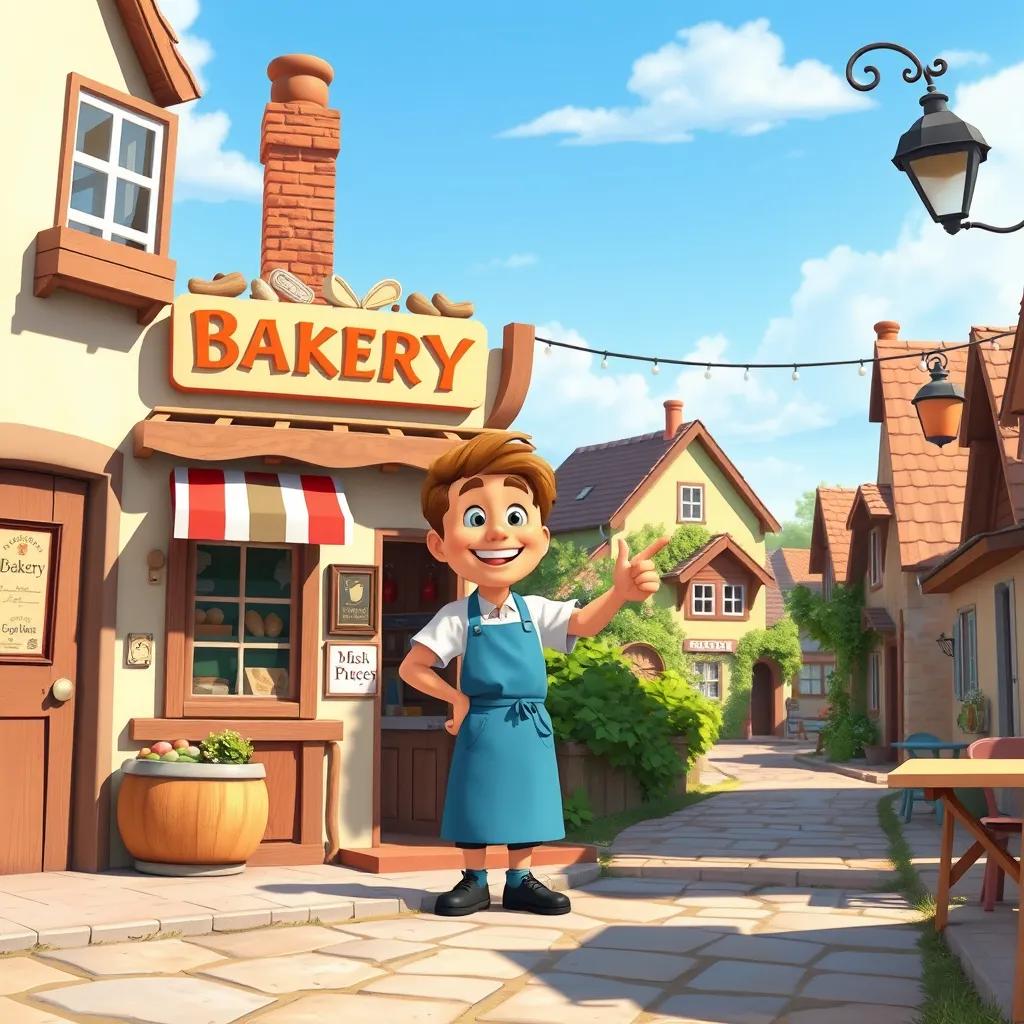 Image of A small bakery in a village with a friendly baker, dressed in an apron, smiling and pointing to a street, sunny day, bright colors, charming illustration, child-friendly