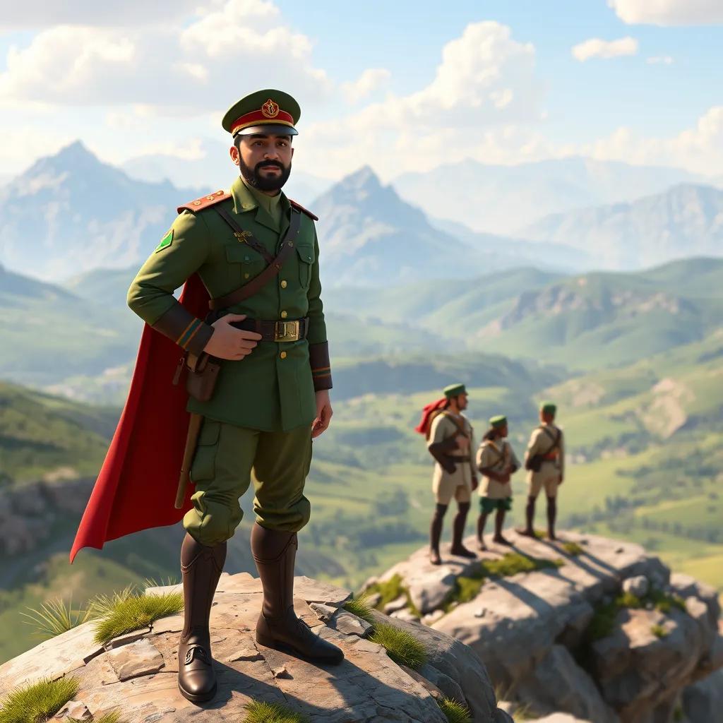 Image of A brave colonel, Abu Sundus, wearing a military uniform, standing proudly on a mountain hill with his friends, beautiful green valleys below, digital art, vibrant colors, sunny day, inspiring scene, high quality