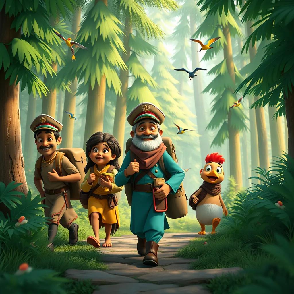 Image of Colonel Abu Sundus and his loyal friends, carrying backpacks and food, walking through a lush green forest filled with tall trees and singing birds, cheerful atmosphere, bright colors, adventure mood, high quality