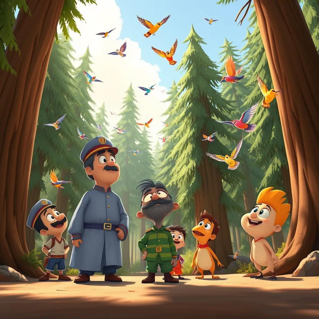 Image of Colonel Abu Sundus and his friends amazed by the tall trees, colorful birds flying around, a warm sunny day in the forest, fun and exploration, cartoon style, joyful colors, engaging perspective, high quality