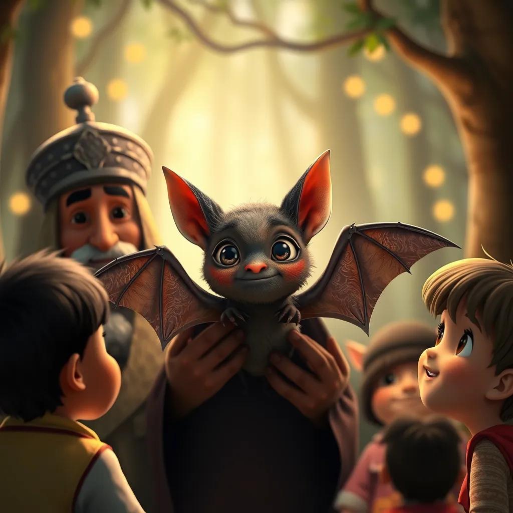 Image of The small lost bat, with big eyes and tiny wings, being surrounded by Colonel Abu Sundus and his friends, children looking encouragingly, soft forest lights, warm atmosphere, caring scene, high quality